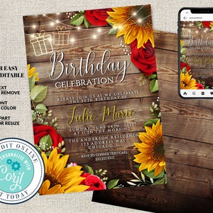 Sunflower and Roses Birthday Invitation, Printable Rustic Birthday, Editable Birthday Party Invite, Digital, Corjl INSTANT DOWNLOAD, diY