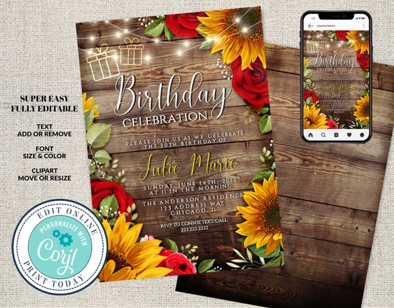 Sunflower and Roses Birthday Invitation, Printable Rustic Birthday, Editable Birthday Party Invite, Digital, Corjl INSTANT DOWNLOAD, diY Il_570xn