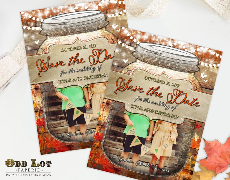 Rustic Fall Save the Date Card Printable Template Autumn Mason Jar Country Barn Wood Fall Leaves Wedding Save the Date DIY Photo Template image 2