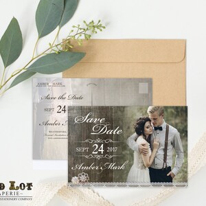 Cartões postais rústicos para salvar a data, cartões postais para imprimir a data, casamento rústico, convites para impressão, foto de noivado ~ renda de madeira