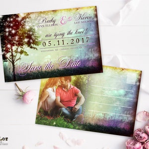 Speichern Sie die Datumsfoto-Postkarte, DIY Printable Save the Date Photo Postcard, Woodland Wedding Announcement, Unique Save the Date Cards ~ Bokeh
