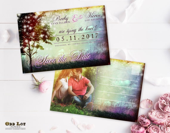 Save the Date Photo Postcard, DIY Printable Save the Date Photo Postcard, Woodland Wedding Announcement, Unique Save the Date Cards ~Bokeh Il_570xn