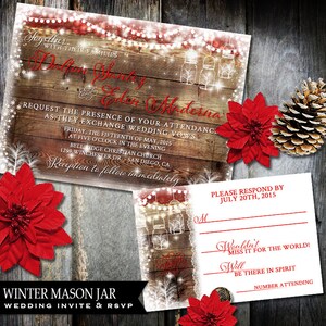 Rustic Winter Wedding Invitation Set Country Winter Invitation Red Snowflakes Wedding Invitation Mason Jar Invite DIY Wedding Printable