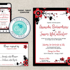 Cherry Blossom Wedding Invitation and RSVP Template, Red Cherry Blossom, Japanese Art, Editable Printable File,Instant Download, Corjl, DIY