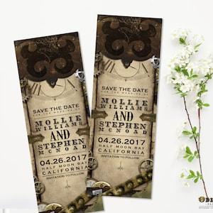 Steampunk Speichern Sie die Datums-Bookmark Ankündigung, Steampunk Hochzeit speichern Sie die Datumskarte, druckbares Lesezeichen, Offbeat-Hochzeit, Leder und Zahnräder