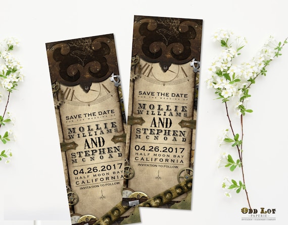Steampunk Save the Date Bookmark Announcement, Steampunk wedding save the date card, Printable bookmark, Offbeat wedding, Leather and Gears Il_570xn