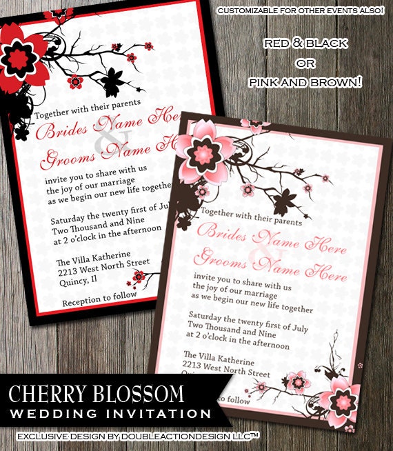 Cherry Blossom Wedding Invitation DIY Digitable Printable Pink and Brown or Red & Black Cherry Blossom Sakura Floral Branches Il_570xn