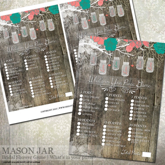 Mason Jar Floral Bridal Shower Game "What's in your purse" Rustic Bridal Shower Game Instant Download Turquoise and Pink Il_570xn