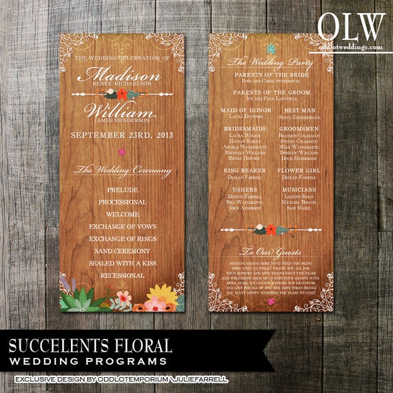 Rustic Wedding Programs / digital printable files/ Floral Succulents on a wood background with flourishes Il_570xn