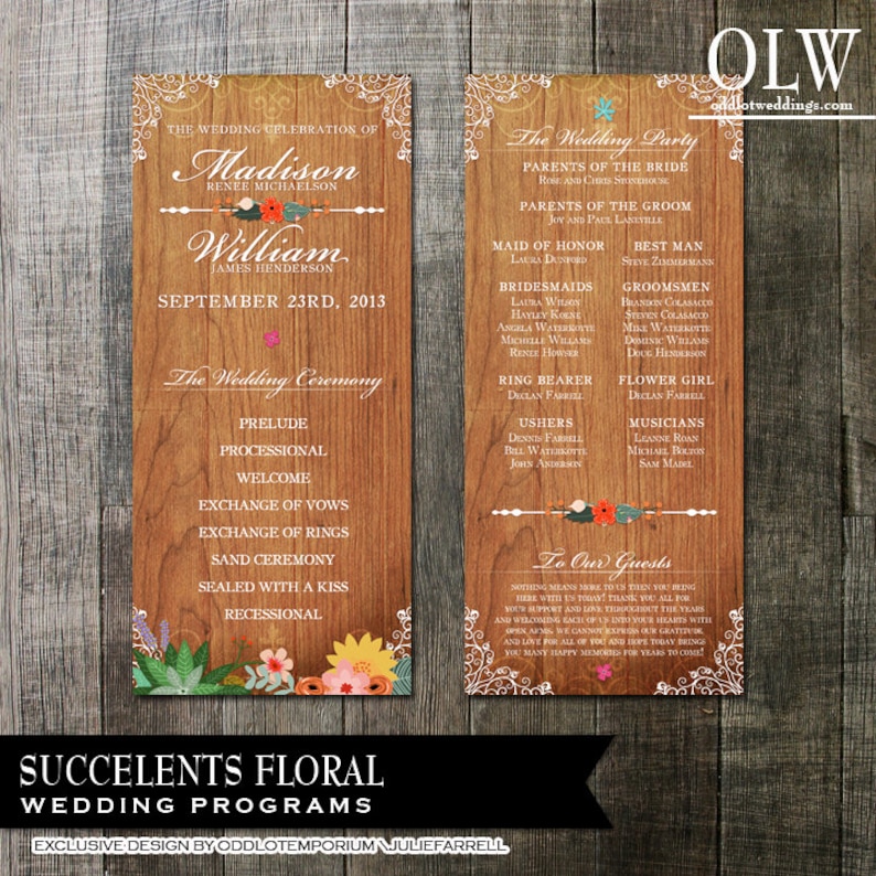 Rustic Wedding Programs digital printable files Floral Succulents on a wood background with flourishes