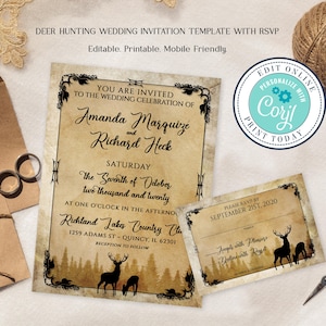 Deer Hunting Wedding Invitation Template with RSVP, Rustic Camo and Stone Texture Outdoor Wedding Invite, Editable Corjl Design