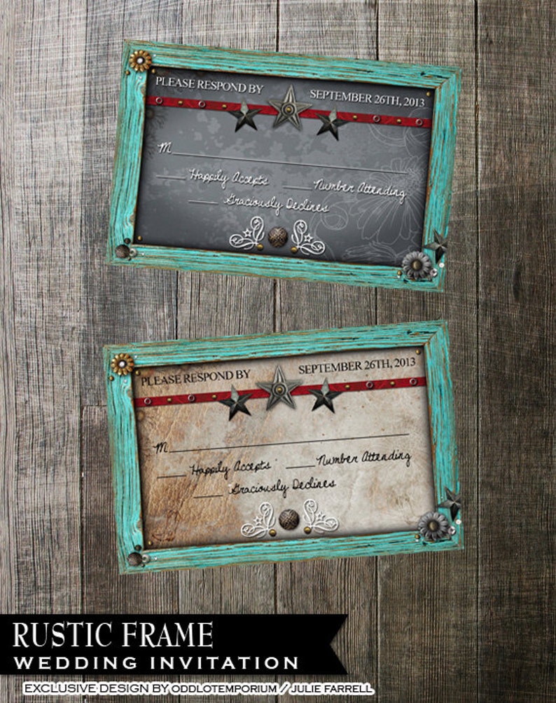 Rustic Frame Wedding Invitation Digital Printables.2 background Choices Rustic Turquoise Frame with metal flower embellishments. image 4