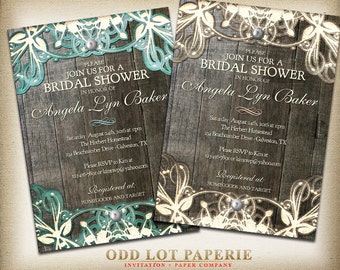 Rustic Lace Bridal Shower Invitation,  Digital Printable, Burlap, lace, wood and vintage elements, rustic country wedding, DIY invite