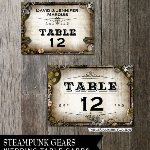 Steampunk Offbeat Wedding Table Seating Cards -with multiple gears on distressed parchment paper faux background. Digital File Printable