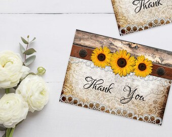 Sunflower Thank You Card Printable, Country Rustic Thank You, Rustic Wedding Thank You Cards, BArn Wood, Vintage Lace, Shower Thank you