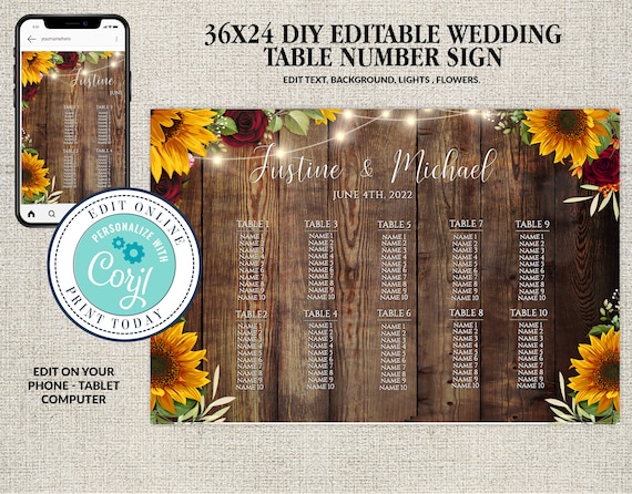 Wedding Seating Chart Sign, Fall Sunflowers & Burgundy Roses, Wedding Table Seating Chart, Seating Plan,Instant Download, Corjl Il_570xn