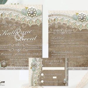 Convites de casamento de serapilheira e renda Cartões RSVP e inserção Artigos de papelaria de casamento para impressão Convites de casamento de renda rústica Convites DIY ~ Renda de serapilheira