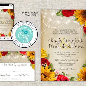 2er-Set, Hochzeitseinladung und RSVP-Vorlage, Pergamenthintergrund Sonnenblumen & Rosen-Einladungsreihe, rote Rosen, bearbeitbare Corjl-Datei