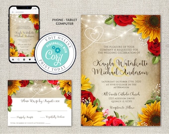Set of 2, Wedding Invitation and RSVP Template, Parchment Background Sunflowers & Roses Invitation Suite, Red Roses, Editable Corjl File