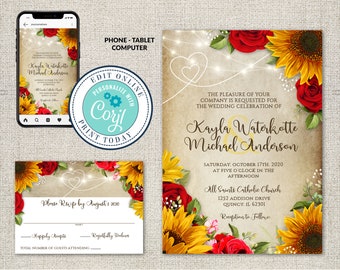Sunflower & Rose Wedding Invitation Set: Editable Parchment Template (Corjl File)