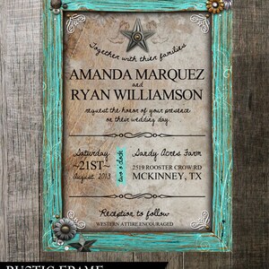 Rustic Frame Wedding Invitation Digital Printables.2 background Choices Rustic Turquoise Frame with metal flower embellishments. image 3
