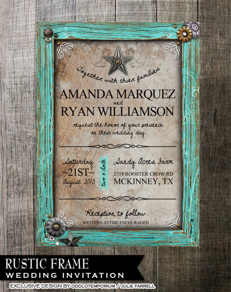 Rustic Frame Wedding Invitation Digital Printables.2 background Choices Rustic Turquoise Frame with metal flower embellishments. image 3