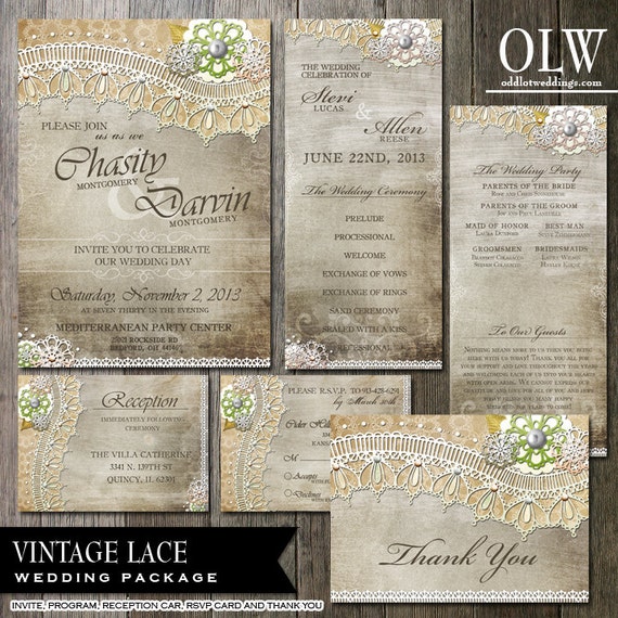 Rustic Lace Wedding Invitation & RSVP Printable wedding invitation RSVP with lace and vintage elements etched wood background Il_570xn