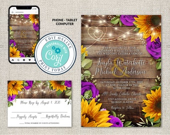 Rustic Sunflower Wedding Invitation & RSVP Template (Digital Download)