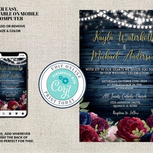 Wedding Invitation Template,Burgundy and Navy Blue Flowers , Rustic Navy Floral Fall Editable Printable ,Instant Download, Corjl, Phone