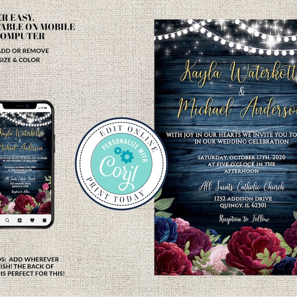 Navy and Burgundy Wedding Invitation - Etsy