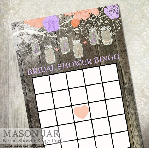 Rustic Mason Jar Bridal Shower Bingo Game - 5x7 - 2 on a sheet -Fill in the blanks! Peach and Lilac Color Party Game for Bridal Shower Il_570xn