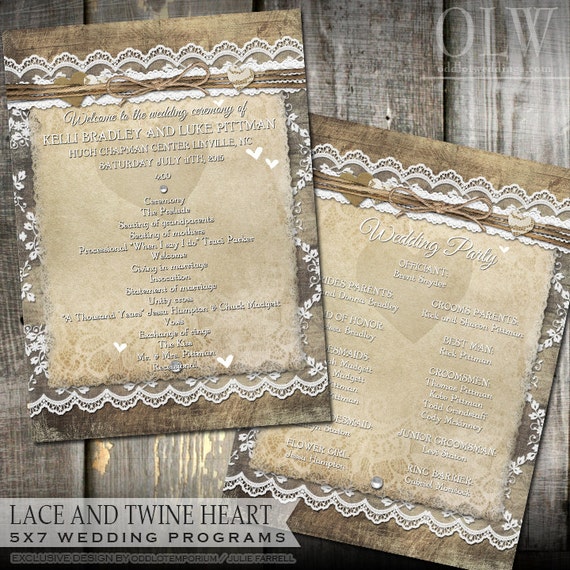 Rustic Lace Heart Wedding Programs Wood Planks With Lace Twine