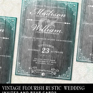 Flourish Wood Wedding Invitation Rustic Wood Vintage Elegance Printable wedding invitation set stationery DIY Fancy Wedding Invite Flourish image 1