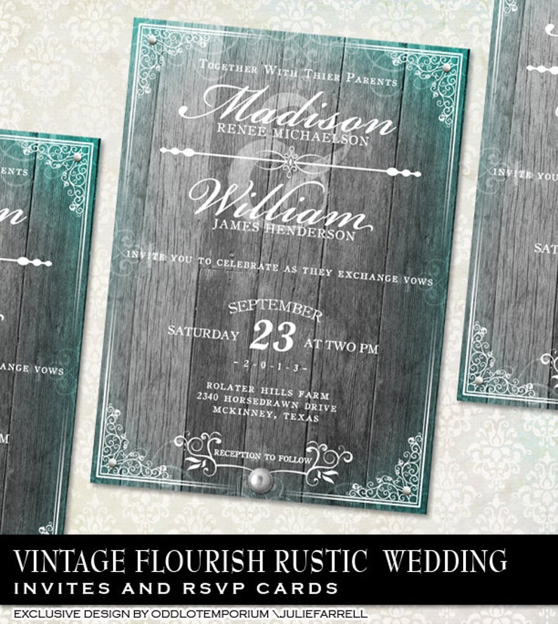 Flourish Wood Wedding Invitation Rustic Wood Vintage Elegance Printable wedding invitation set stationery DIY Fancy Wedding Invite Flourish image 1