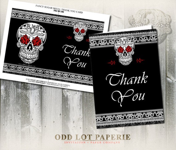 Sugar Skull Thank You Card, Day of the Dead, Dia de los Muertos, Halloween, DIY Digital Printable Sugar Skull Thank You, INSTANT DOWNLOAD Il_570xn