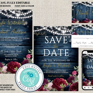 Wedding Suite,  Invitation RSVP Save the Date Thank You Template,Burgundy Navy Blue Flowers , Rustic Floral Editable Printable Corjl Invites