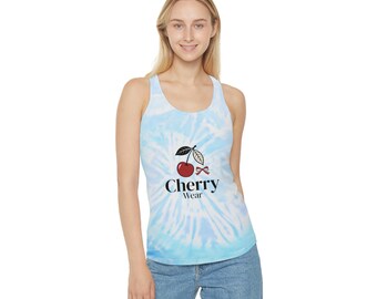 Camiseta sin mangas estilo racerback con logo de cereza y diseño tie-dye | diseño de cereza azul claro