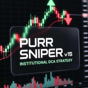 May include: A computer screen displaying a stock chart with green and red candlesticks, an upward green arrow, and a downward red arrow. The text "PURR SNIPER V15 INSTITUTIONAL DCA STRATEGY" is prominently displayed.