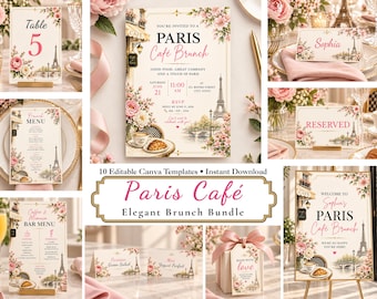 Paris Café Brunch Bundle, Floral Bridal Shower Invitation, Canva Templates (Digital Download)