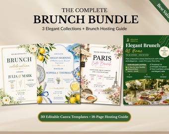 Digital Brunch Party Bundle: 30 Editable Canva Templates, Signs, Table Stationery & 18-Page Hosting Guide