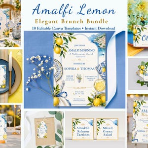 May include: A collection of editable Amalfi Lemon brunch templates featuring blue and yellow watercolor lemon illustrations, decorative borders, and text including Amalfi Morning, Table 3, Olivia, Reserved, Coffee & Mimosa Bar, and menu items.