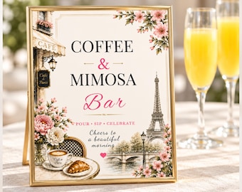 Paris Café Coffee & Mimosa Bar Sign, Editable Text Canva Template, 8x10 in