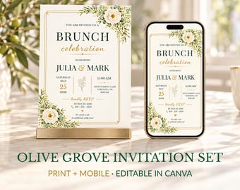 Brunch Invitation Template Set, Olive Grove Floral, Editable in Canva, 5x7 & Mobile
