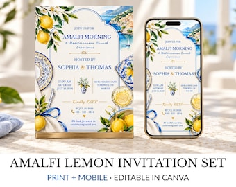 Brunch Invitation Template Set, Amalfi Lemon Design, Editable Text in Canva, 5x7 & Mobile