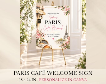 Paris Café Brunch Welcome Sign, Editable Canva 18x24 Template, Printable Bridal Shower Event Sign