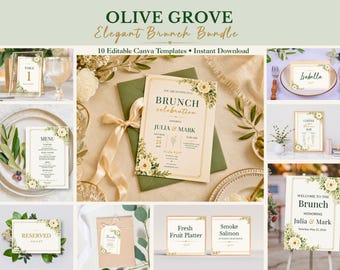 Olive Grove Brunch Invitation Bundle, Elegant Floral Canva Templates (Digital Download)