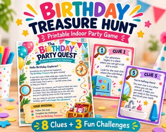 Birthday Treasure Hunt for Kids, Indoor Scavenger Hunt Printable, Birthday Party Game with Clues