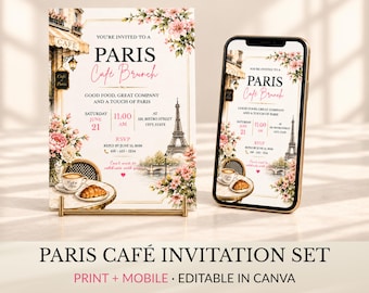 Paris Café Brunch Invitation Template Set, Editable Text in Canva, 5x7 & Mobile