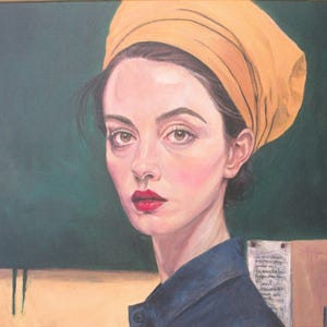 Op de afbeelding: Olieverfschilderij van een vrouw met een lichte huid, rode lippen en een gele hoofddoek. Ze draagt een blauw overhemd met kraag. De achtergrond is donkergroen met een lichtbruine rand. Een stuk papier met tekst is zichtbaar.