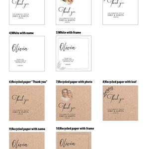 May include: Collection of wedding thank you cards. Designs include white and recycled paper options with text, photos, and leaf or frame embellishments. Text includes "Thank you" and names.